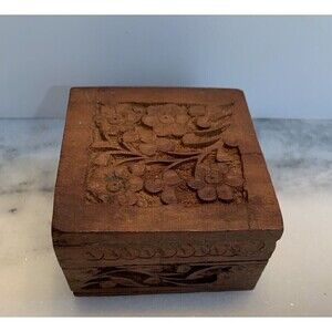Vintage Hand Carved MCM Wood Trinket Jewelry Box India Floral Design Bohemian